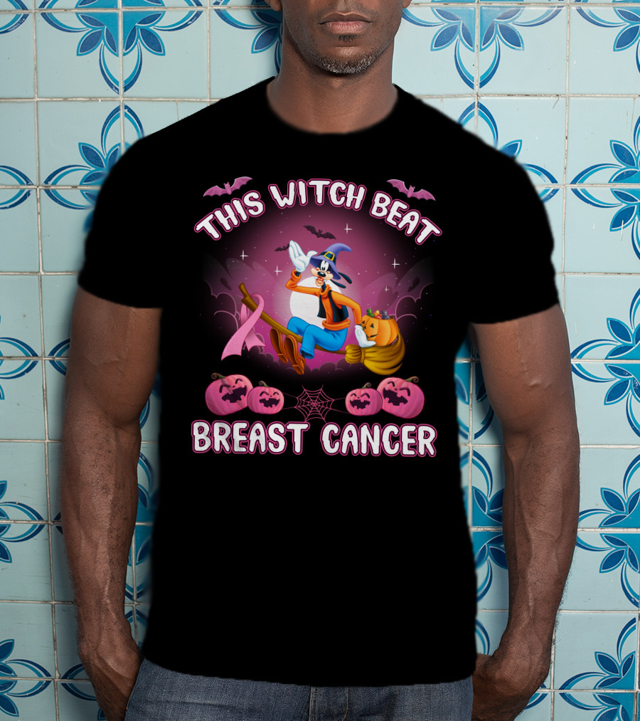 This Witch Beat Breast Cancer Goofy D Halloween Pumpkins Broom Ribbon T-Shirt