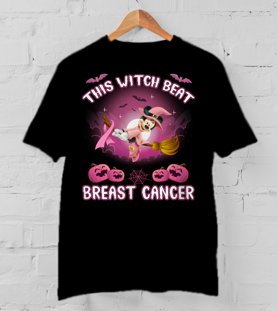 This Witch Beat Breast Cancer Minnie Witch Hat Pink Broom Halloween T-Shirt