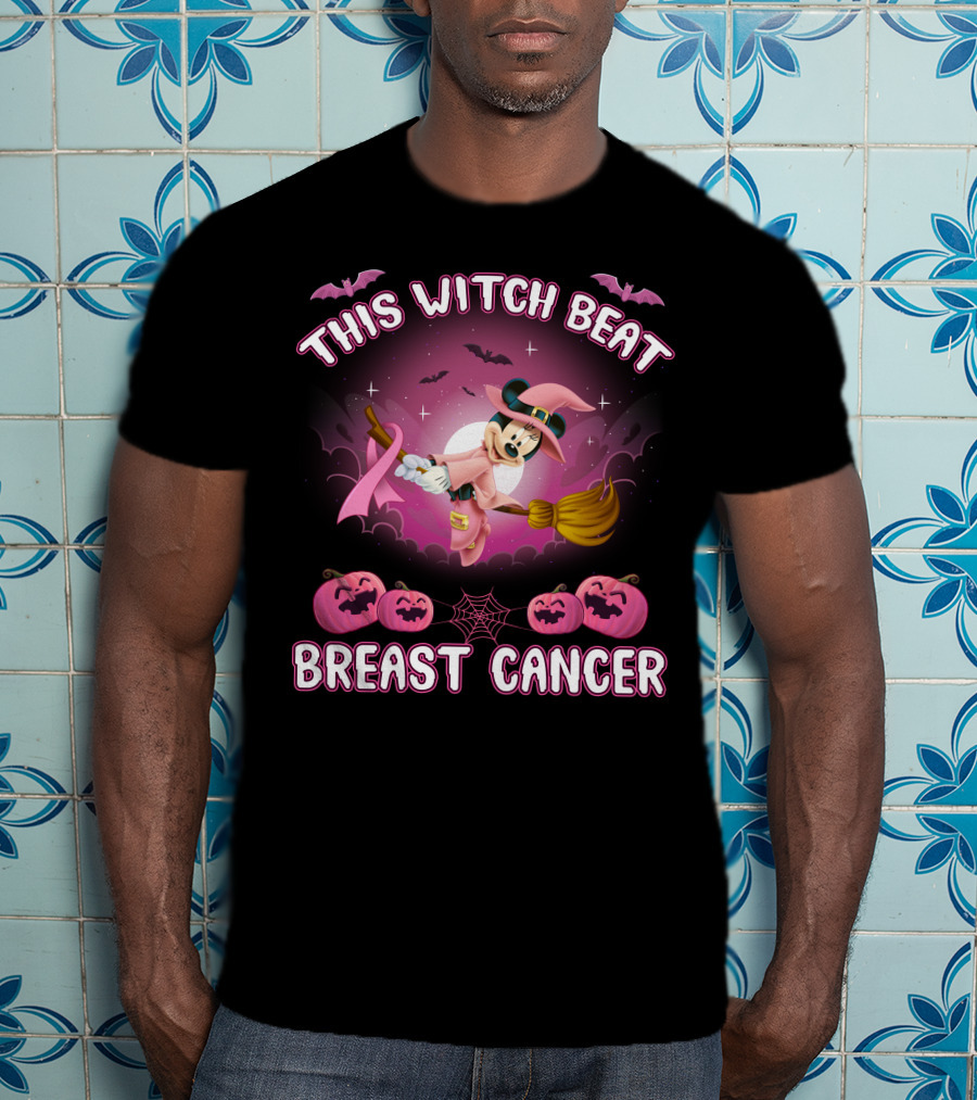 This Witch Beat Breast Cancer Minnie Witch Hat Pink Broom Halloween T-Shirt
