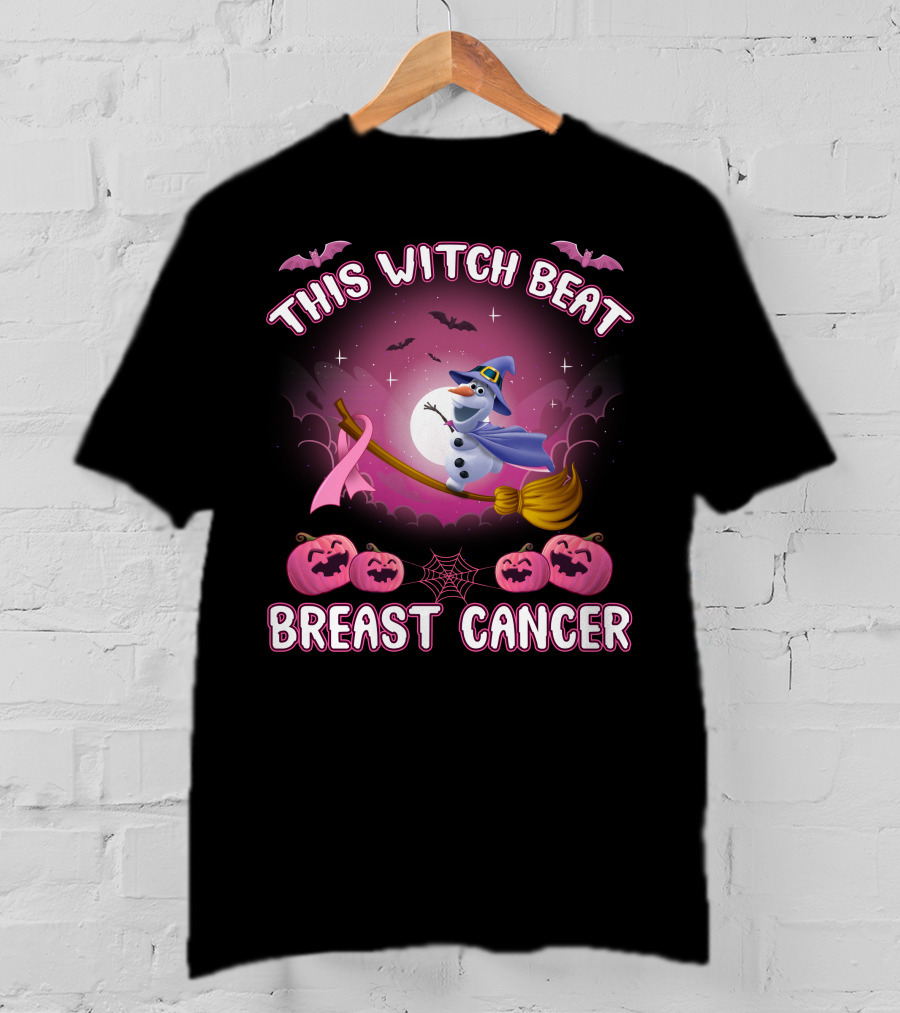 This Witch Beat Breast Cancer Olaf Broomstick Pink Ribbon Halloween Pumpkin Bat Moon T-Shirt