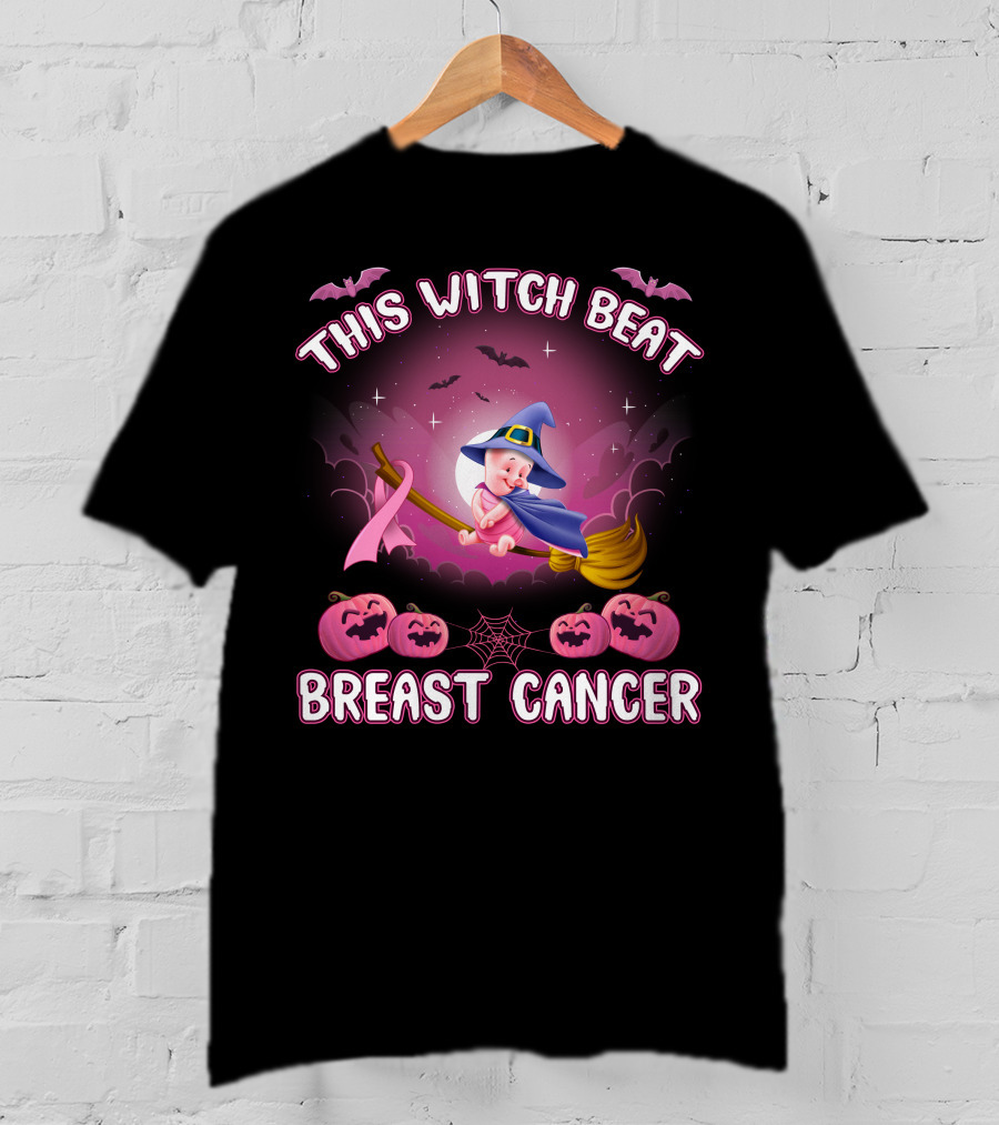 This Witch Beat Breast Cancer Piglet Halloween Pumpkins Broomstick Moon Bats T-Shirt