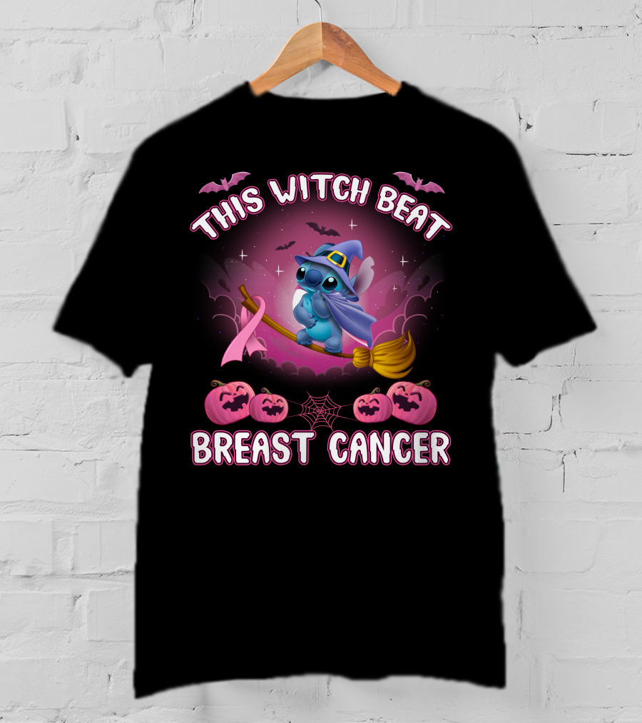 This Witch Beat Breast Cancer Stitch Riding Broom With Pumpkins And Bats T-Shirt