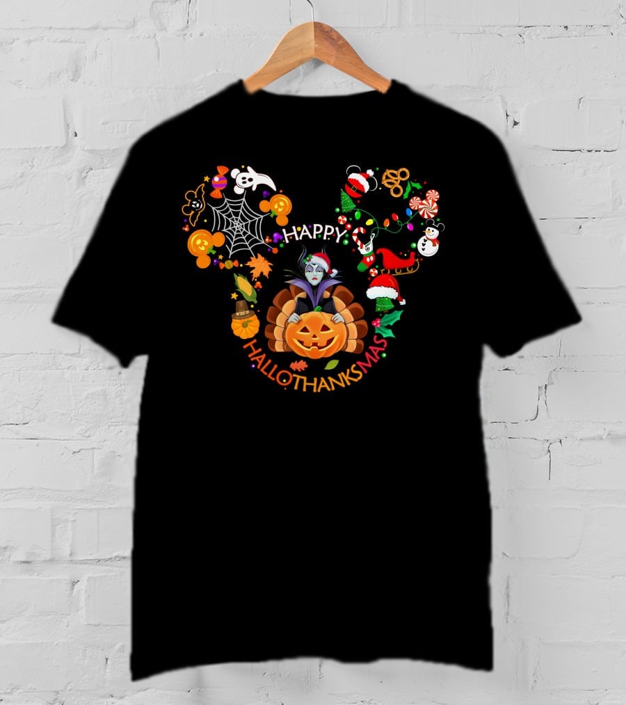 Happy Hallothanksmas Maleficent Halloween Thanksgiving Christmas Magic T-Shirt
