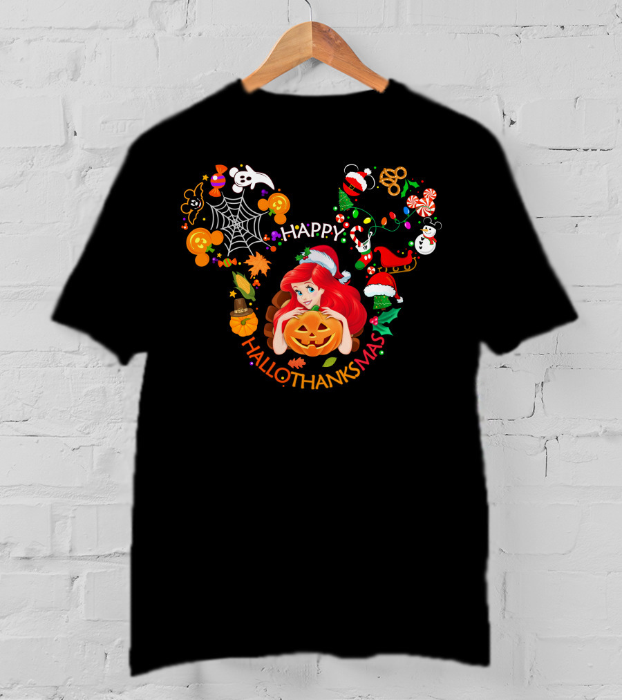 Happy Hallothanksmas Ariel Pumpkin Christmas Halloween Elements T-Shirt