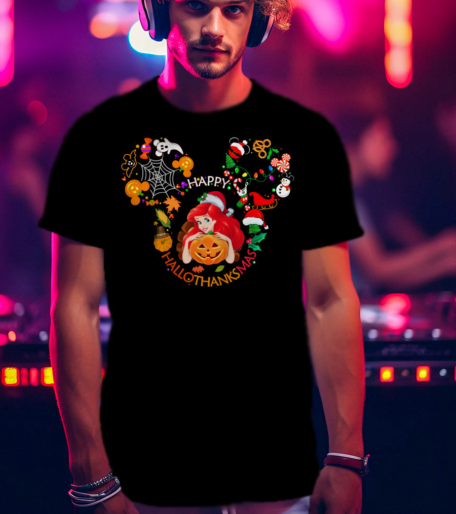 Happy Hallothanksmas Ariel Pumpkin Christmas Halloween Elements T-Shirt