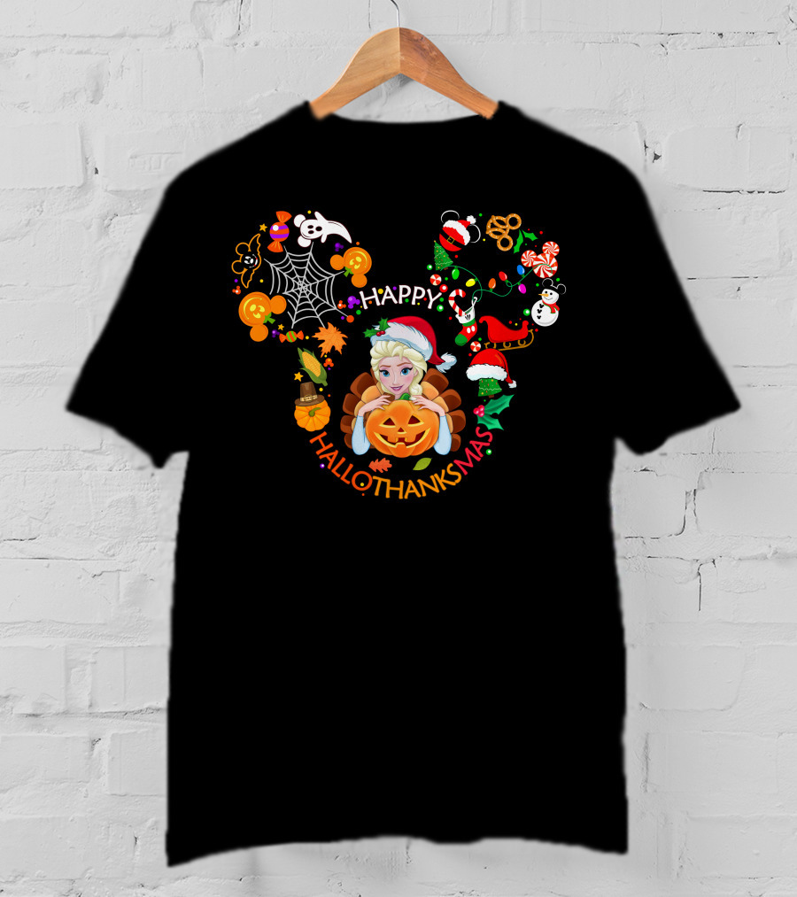 Happy Hallothanksmas Elsa Pumpkin Santa Hat Snowflakes Holiday Fusion T-Shirt