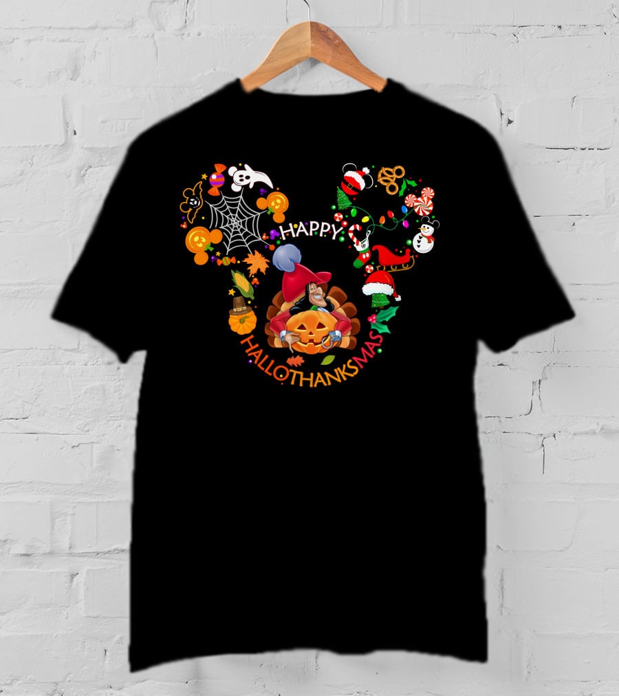 Happy Hallothanksmas Captain Hook Mickey Ears Halloween Thanksgiving Christmas Celebration T-Shirt