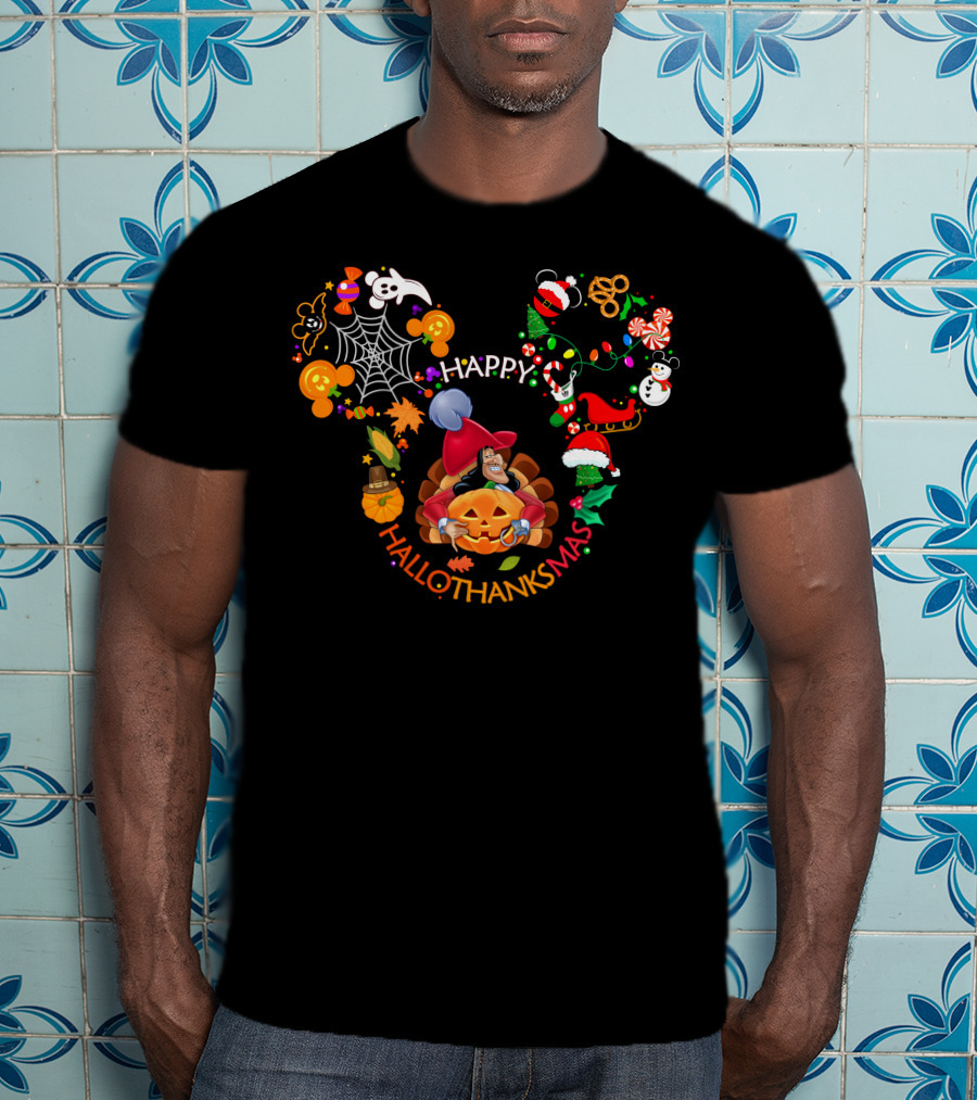 Happy Hallothanksmas Captain Hook Mickey Ears Halloween Thanksgiving Christmas Celebration T-Shirt