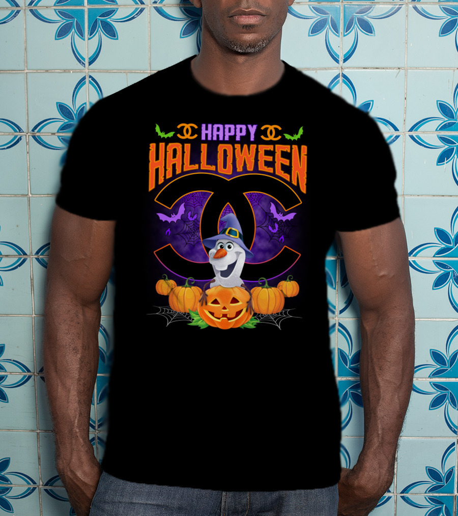Happy Halloween Olaf Pumpkins Bats Spiders Black T-Shirt