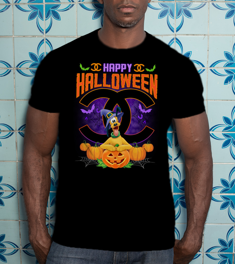 Happy Halloween Pluto Pumpkins Bat Symbols And Spider Webs T-Shirt