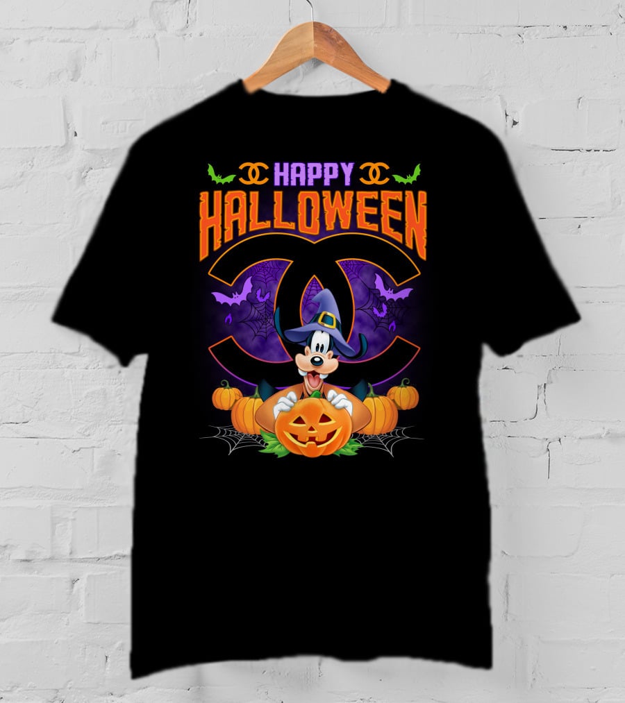 Goofy Happy Halloween Bat Pumpkin Witch Hat Spiderwebs Coco Chanel T-Shirt