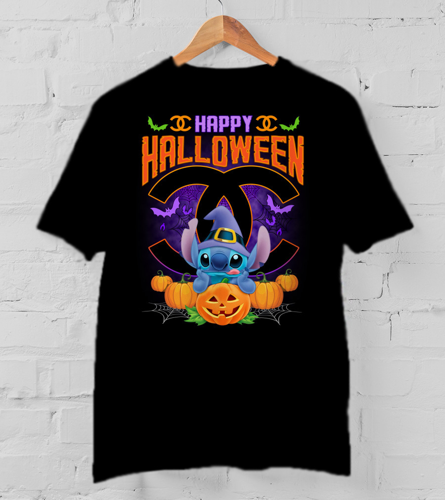 Stitch Happy Halloween Pumpkins And Bats T-Shirt