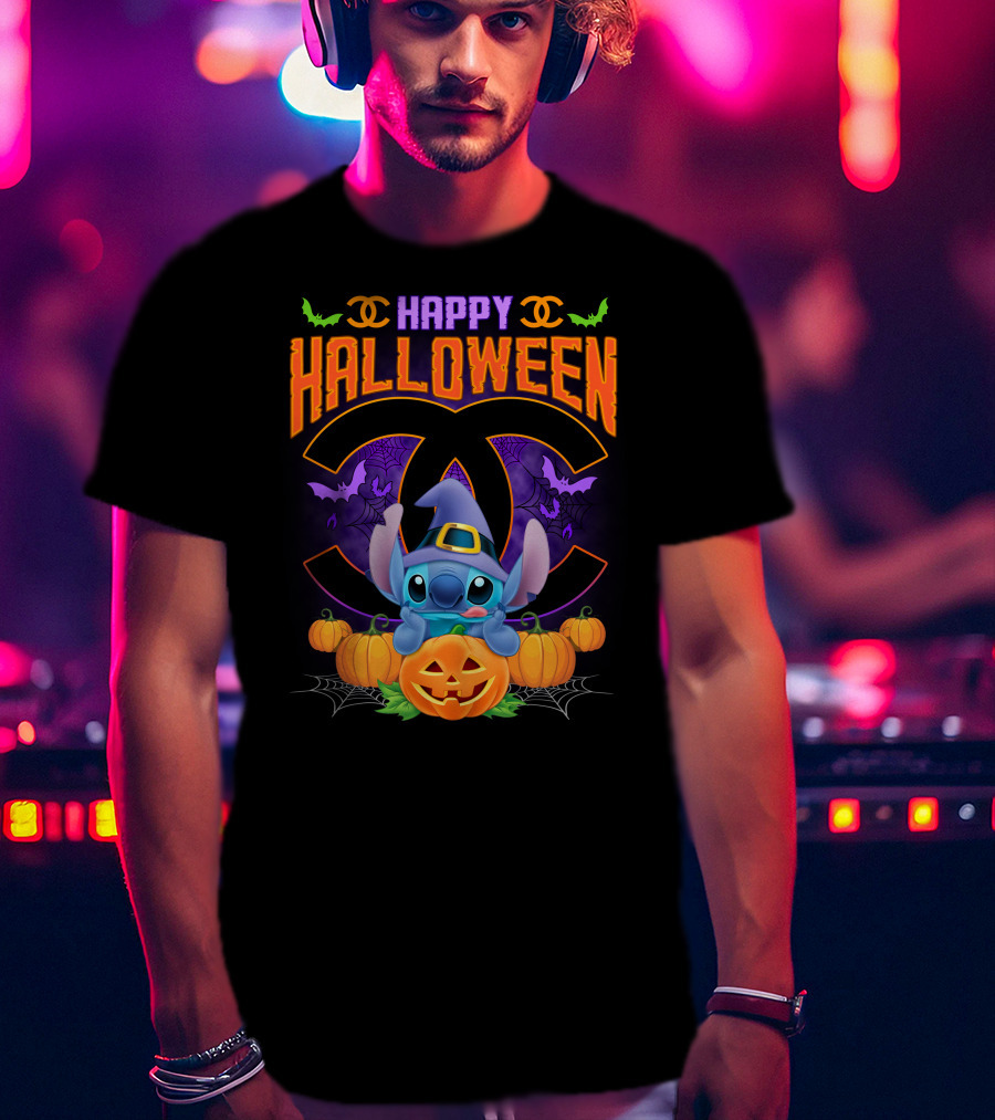 Stitch Happy Halloween Pumpkins And Bats T-Shirt