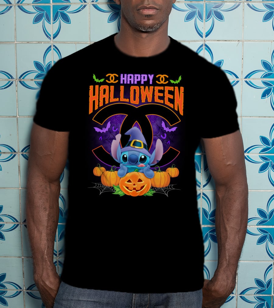 Stitch Happy Halloween Pumpkins And Bats T-Shirt