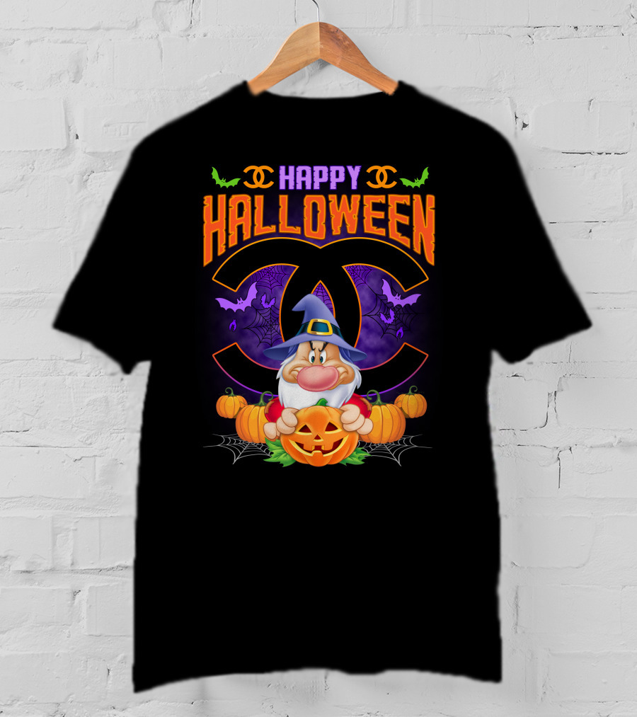 Happy Halloween Grumpy Dwarf With Pumpkins And Bat Accents On Chanel Logo Backdrop T-Shirt