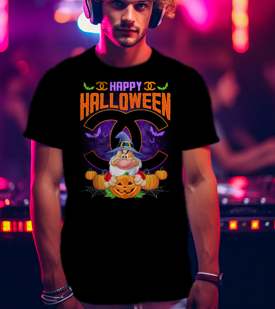 Happy Halloween Grumpy Dwarf With Pumpkins And Bat Accents On Chanel Logo Backdrop T-Shirt