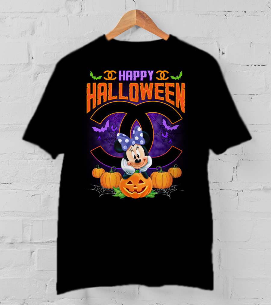 Minnie Happy Halloween Pumpkins Bat Spiderwebs Bow T-Shirt