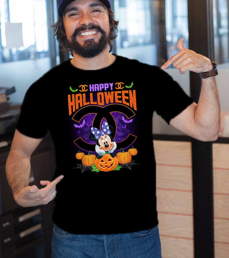 Minnie Happy Halloween Pumpkins Bat Spiderwebs Bow T-Shirt
