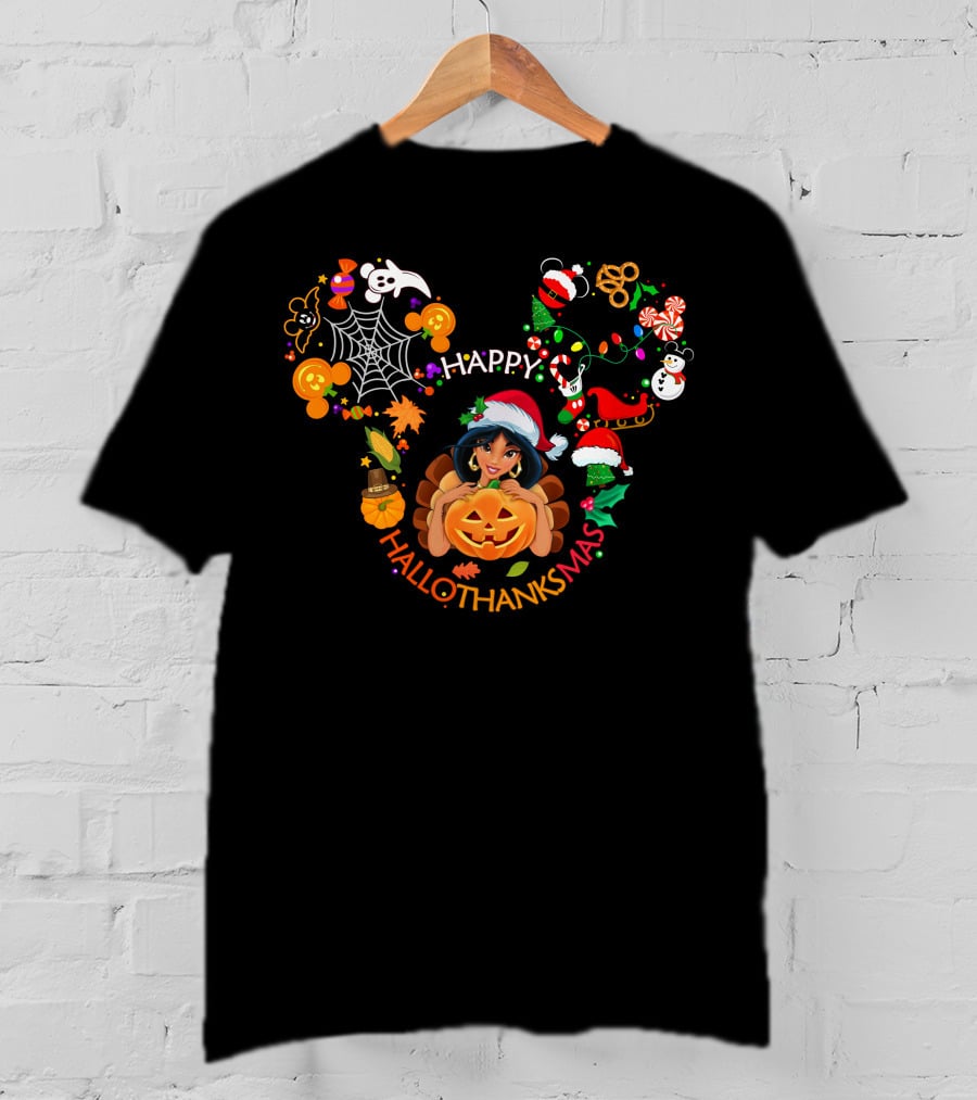 Happy Hallothanksmas Jasmine Mickey Ears Holiday Collage T-Shirt