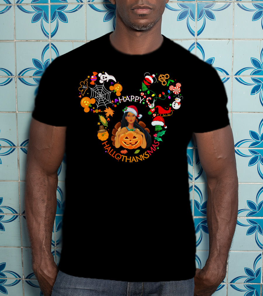 Happy Hallothanksmas Mickey Ear Pumpkin Spiderweb Christmas Elements T-Shirt