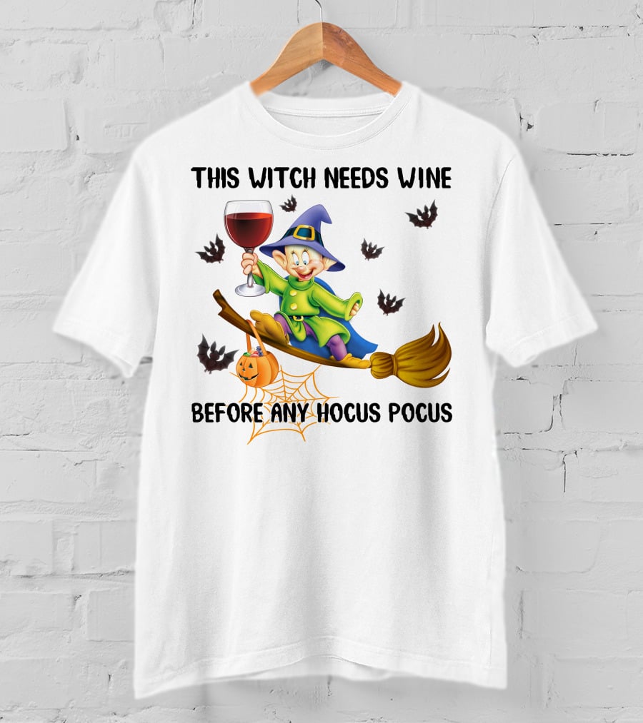 This Witch Needs Wine Before Any Hocus Pocus Dopey Halloween Bats Pumpkin T-Shirt