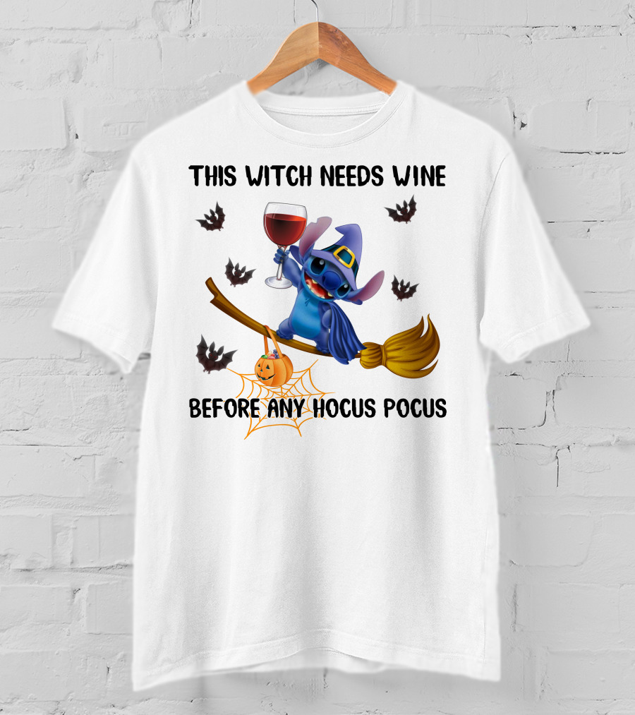 This Witch Needs Wine Before Any Hocus Pocus Stitch Broom Jack O' Lantern Bat T-Shirt