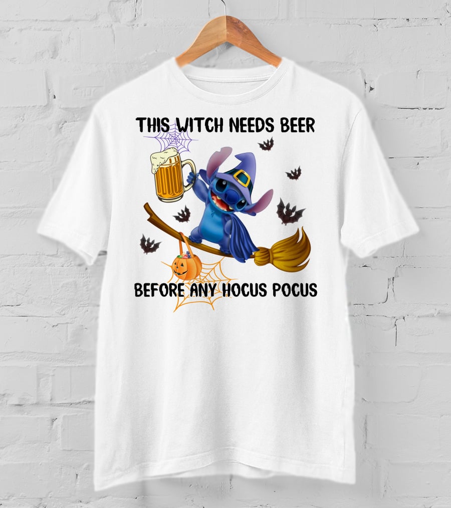 This Witch Needs Beer Before Any Hocus Pocus Stitch Broom Pumpkin Bats T-Shirt