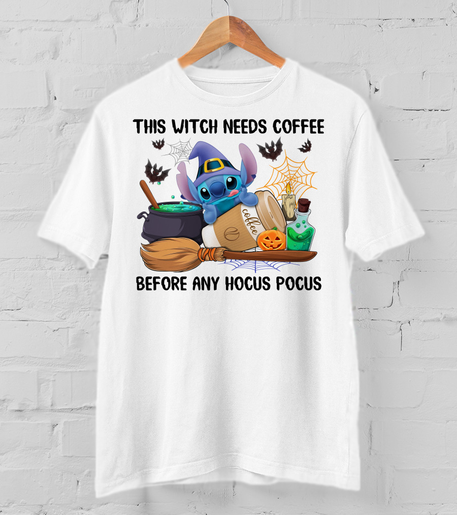 This Witch Needs Coffee Before Any Hocus Pocus Stitch Halloween T-Shirt