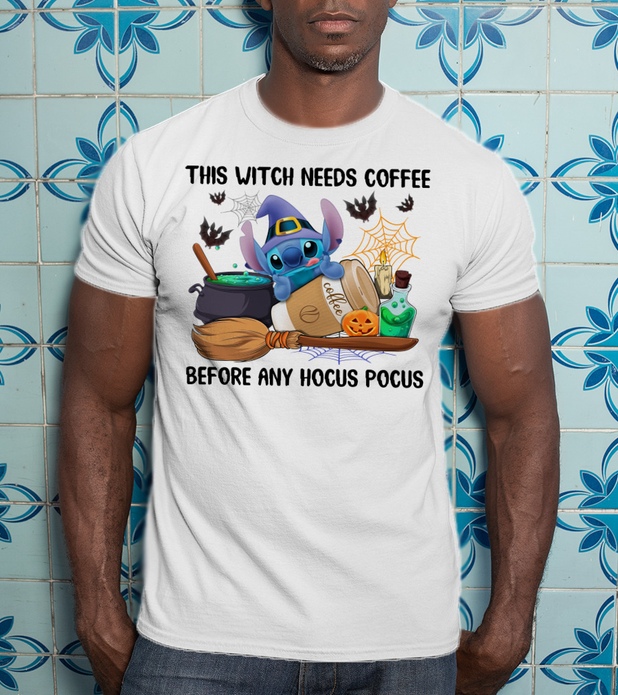 This Witch Needs Coffee Before Any Hocus Pocus Stitch Halloween T-Shirt