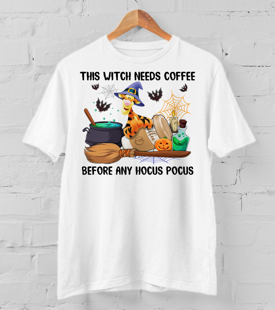 This Witch Needs Coffee Before Any Hocus Pocus Tigger With Broomstick And Pumpkin Batwing Cauldron And Candle T-Shirt