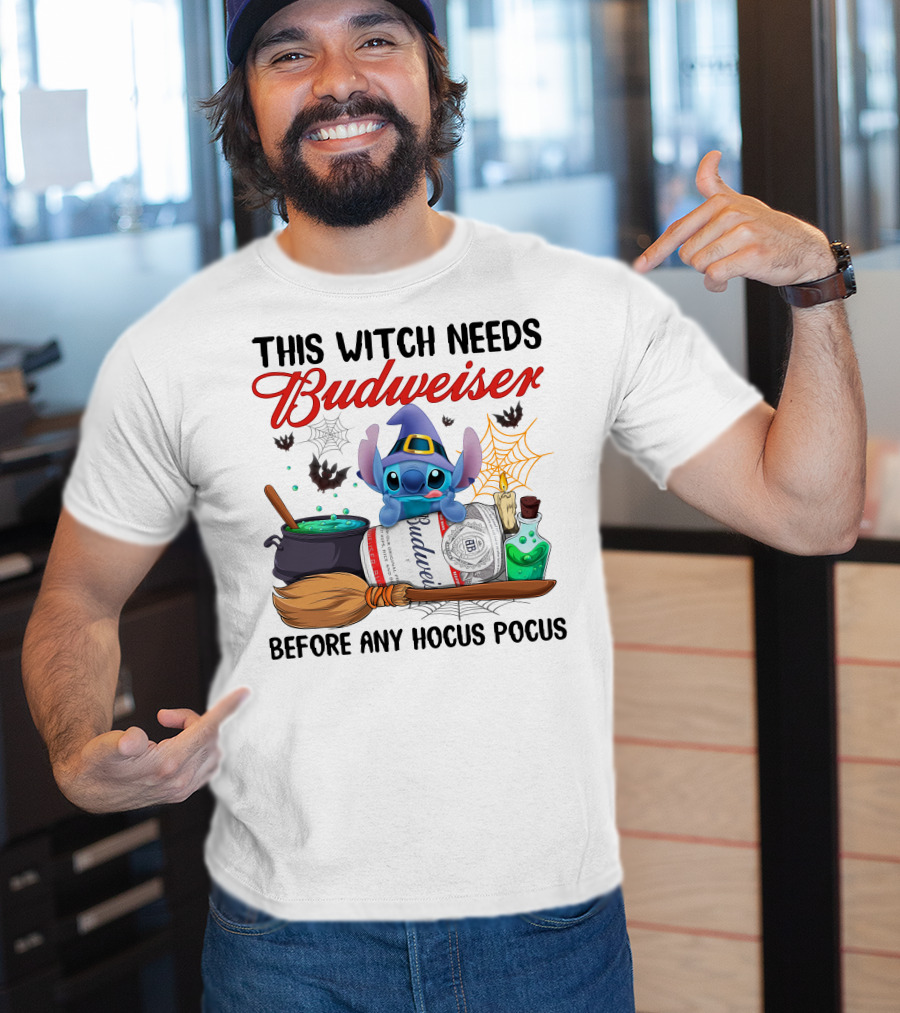 This Witch Needs Budweiser Before Any Hocus Pocus Stitch T-Shirt