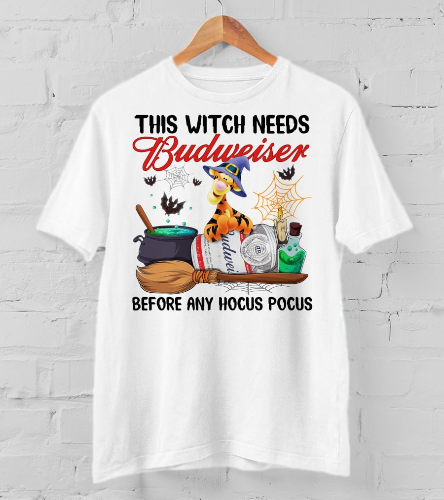 This Witch Needs Budweiser Before Any Hocus Pocus Tigger Halloween Fiesta T-Shirt
