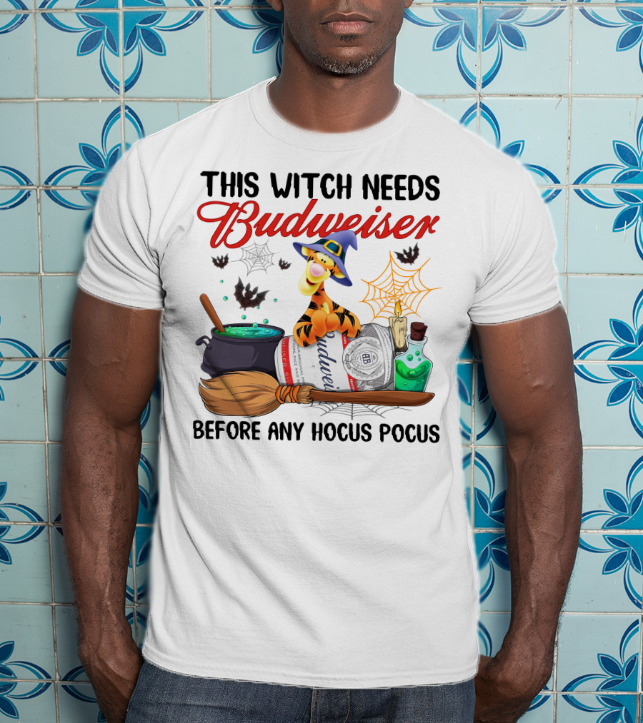 This Witch Needs Budweiser Before Any Hocus Pocus Tigger Halloween Fiesta T-Shirt