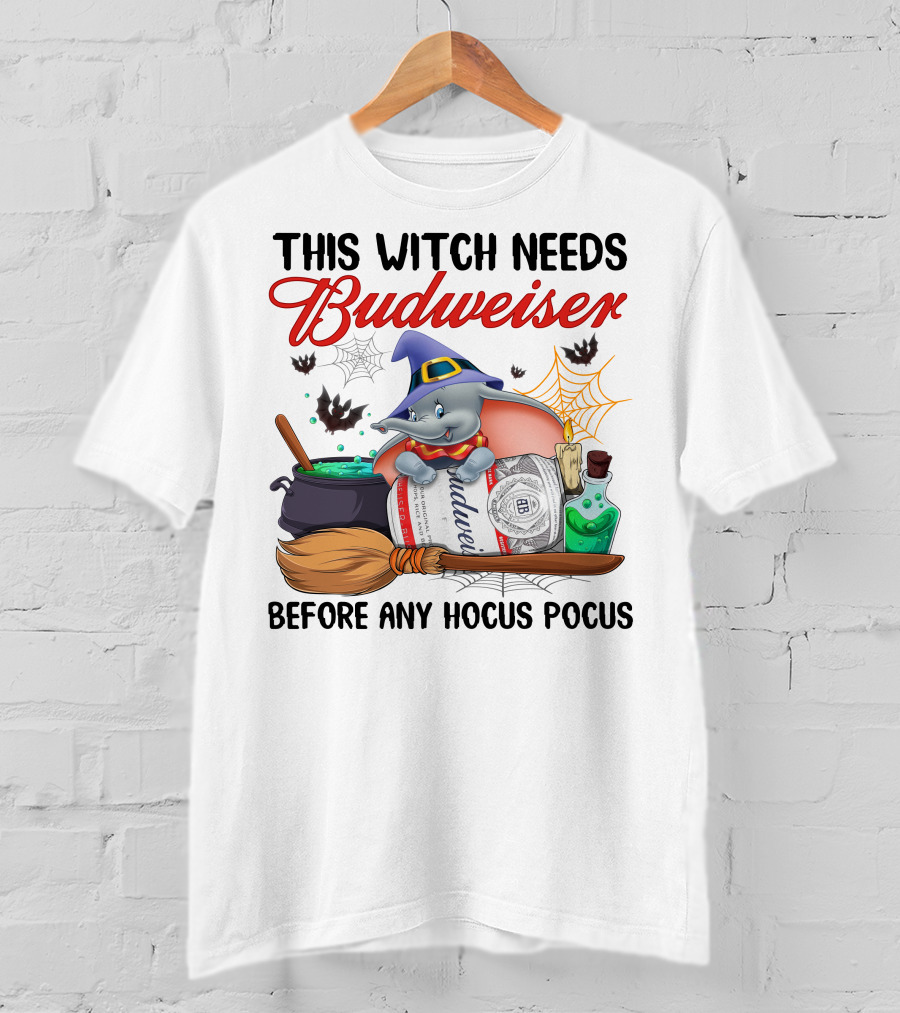 This Witch Needs Budweiser Before Any Hocus Pocus Dumbo Halloween T-Shirt
