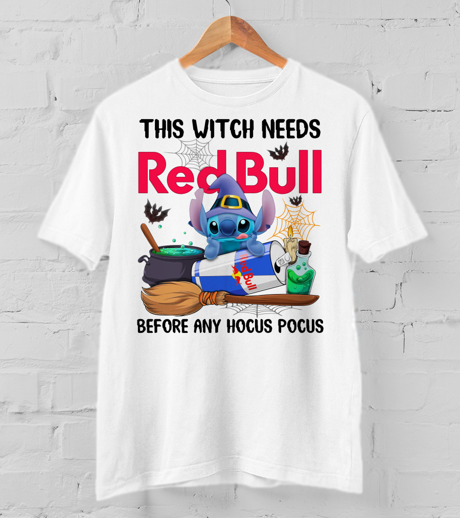 This Witch Needs Red Bull Before Any Hocus Pocus Stitch Wearing Witch Hat With Red Bull Can Cauldron And Spell Book T-Shirt