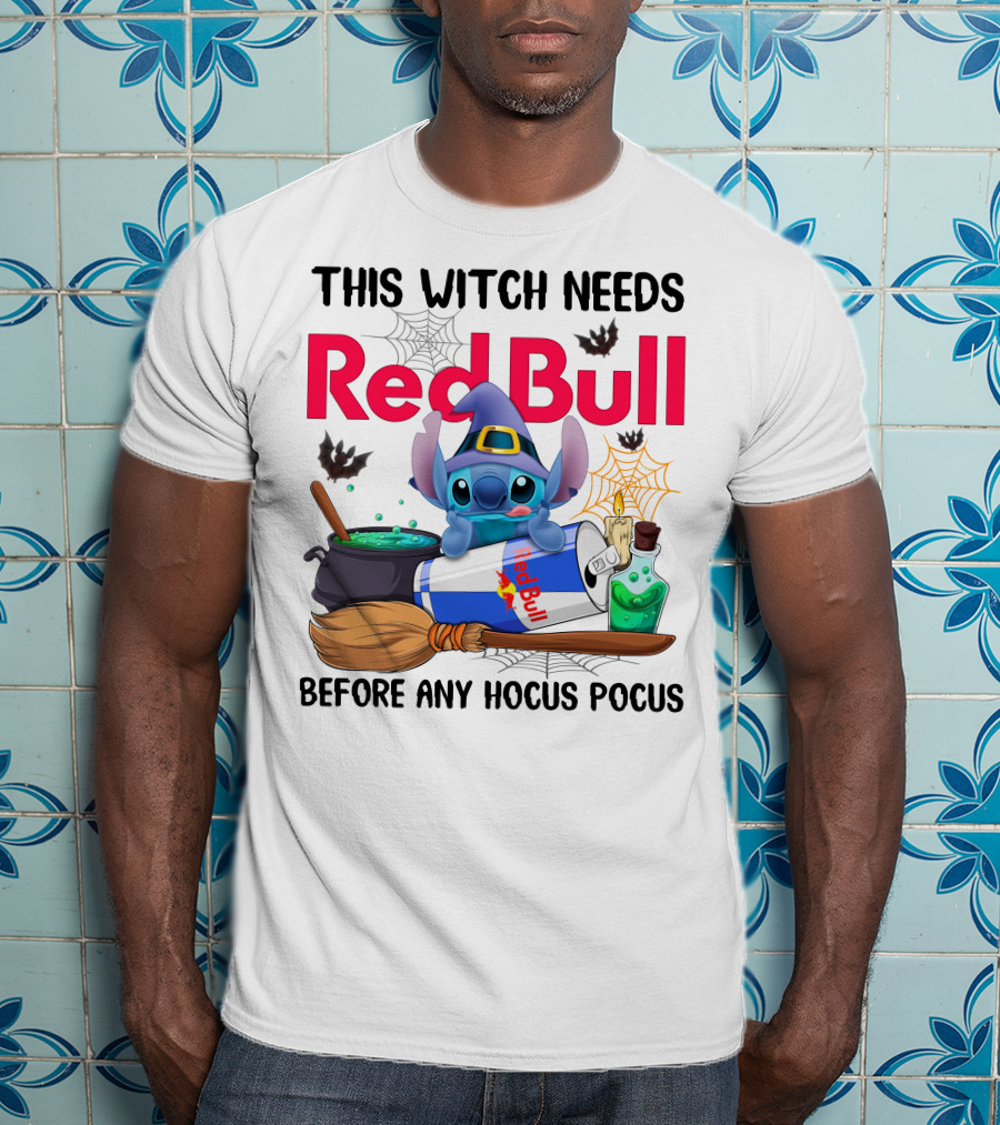 This Witch Needs Red Bull Before Any Hocus Pocus Stitch Wearing Witch Hat With Red Bull Can Cauldron And Spell Book T-Shirt