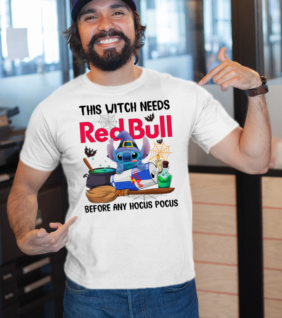 This Witch Needs Red Bull Before Any Hocus Pocus Stitch Wearing Witch Hat With Red Bull Can Cauldron And Spell Book T-Shirt