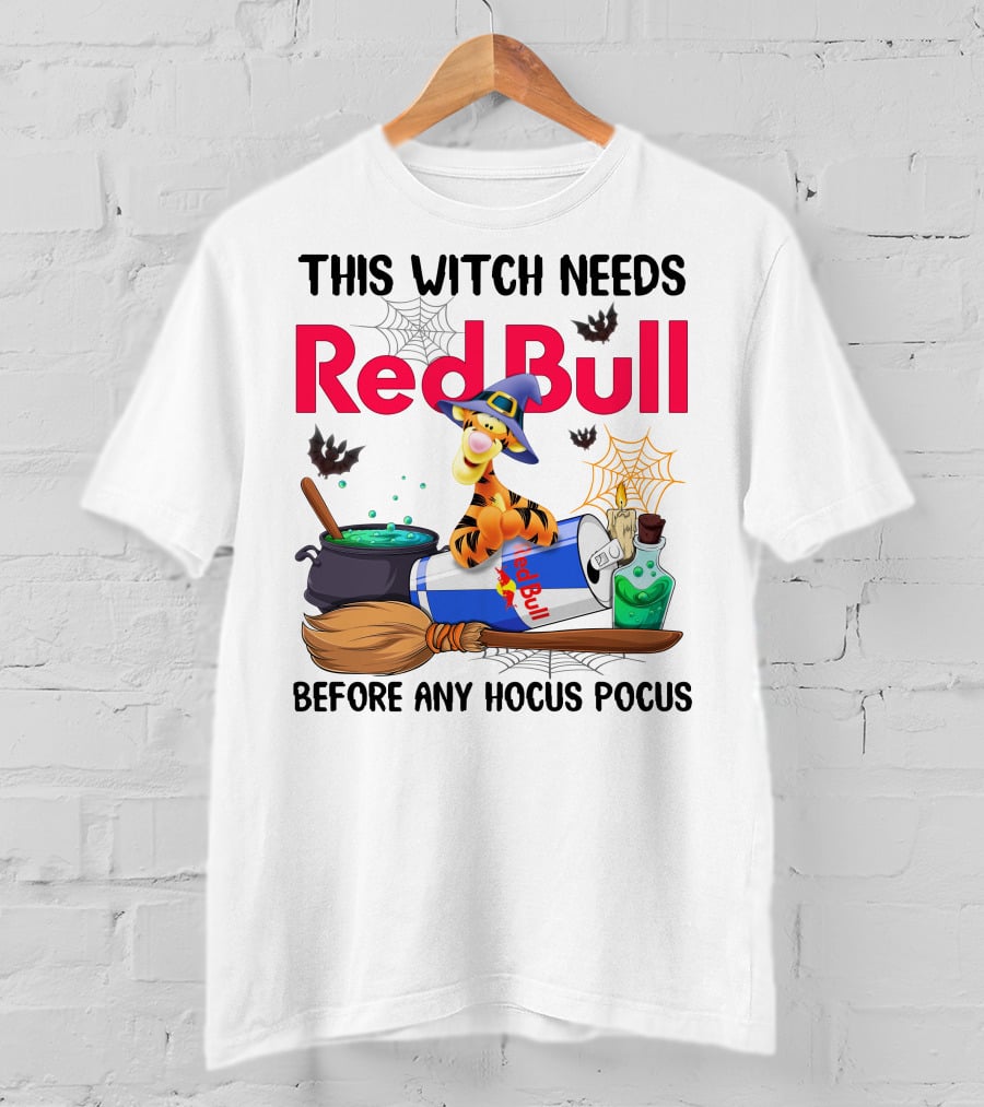 This Witch Needs Red Bull Before Any Hocus Pocus Tigger With Witch Hat And Red Bull Can T-Shirt