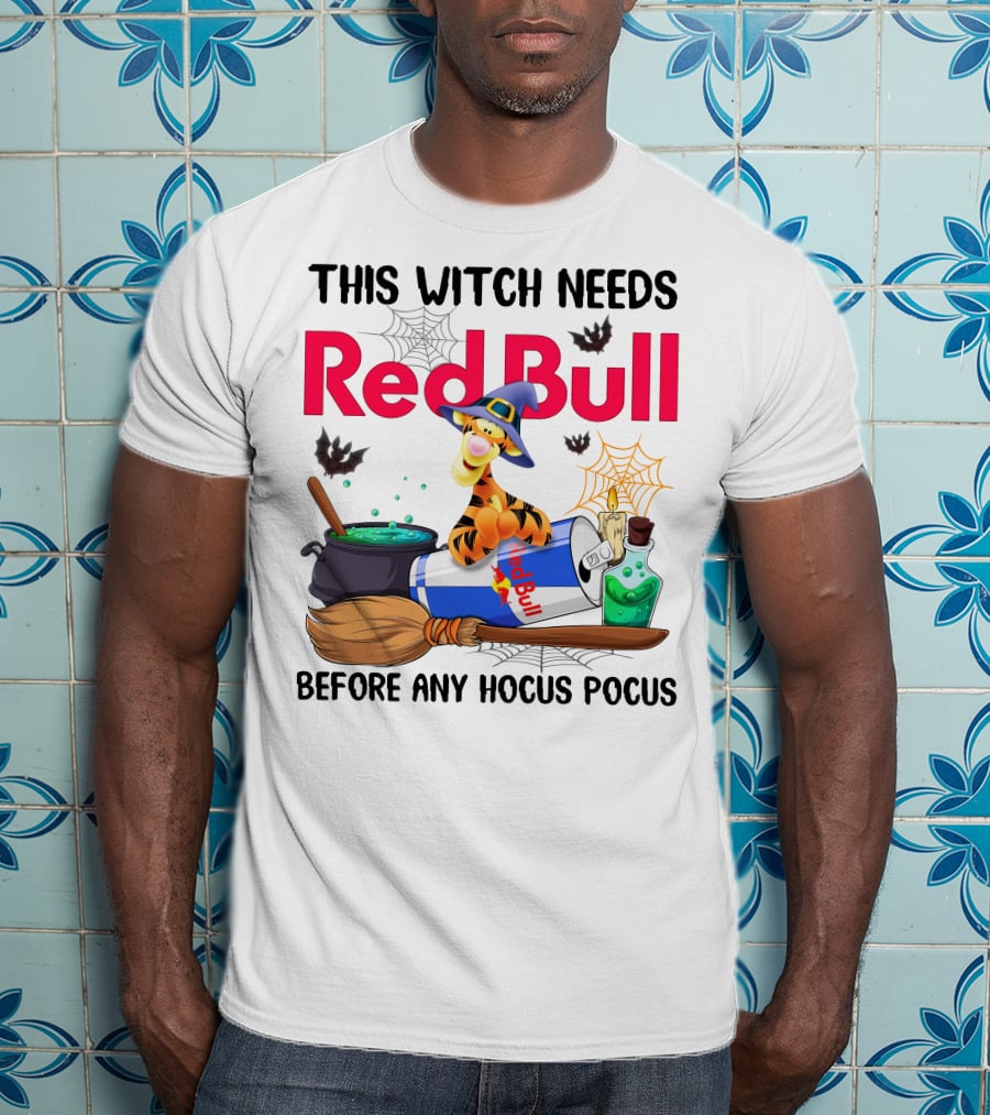 This Witch Needs Red Bull Before Any Hocus Pocus Tigger With Witch Hat And Red Bull Can T-Shirt