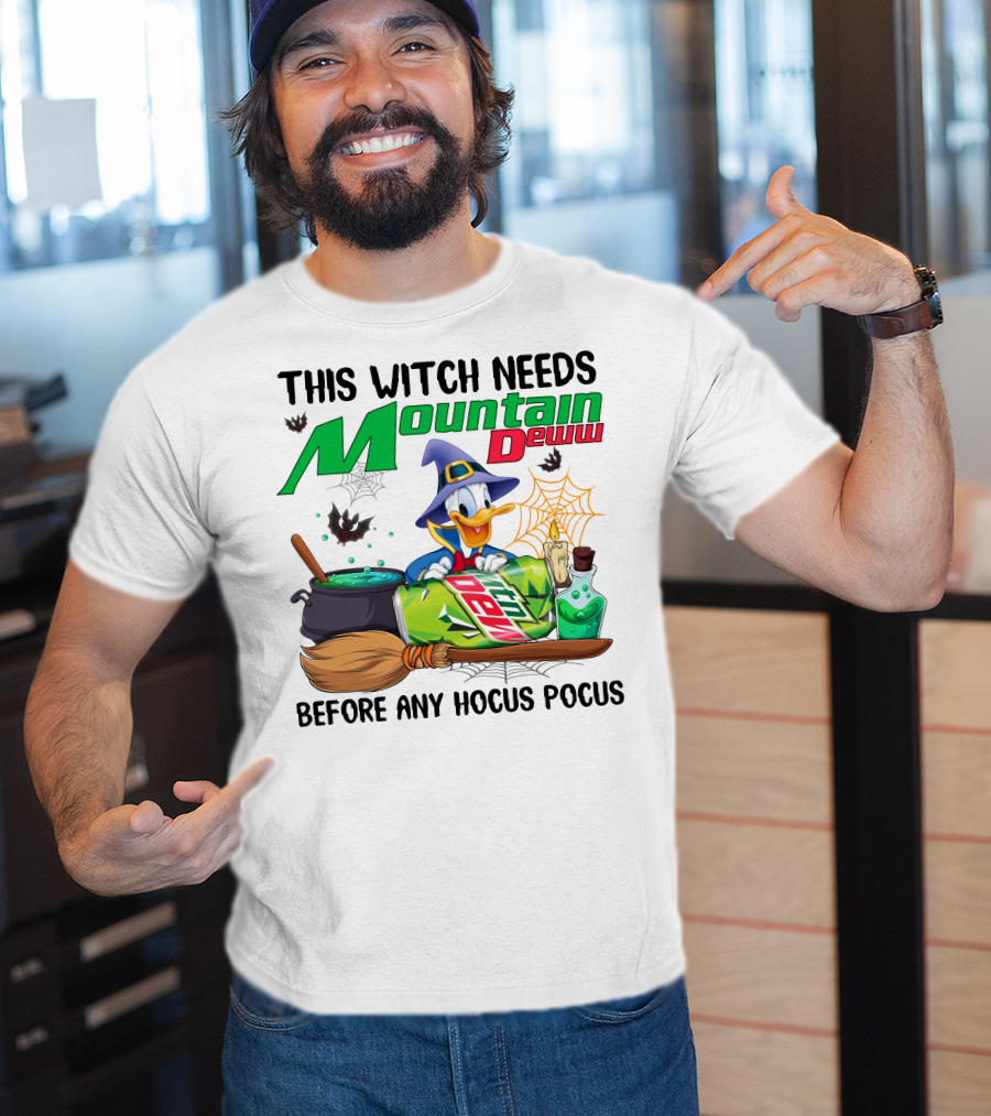 This Witch Needs Mountain Dew Before Any Hocus Pocus Donald Duck Witch Hat Cauldron Broom Potion T-Shirt