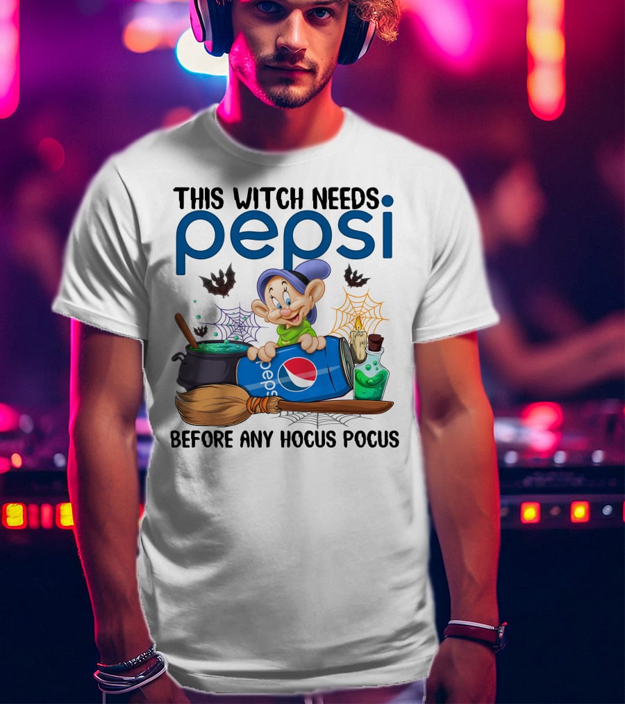 This Witch Needs Pepsi Before Any Hocus Pocus Dopey Cauldron Bats T-Shirt