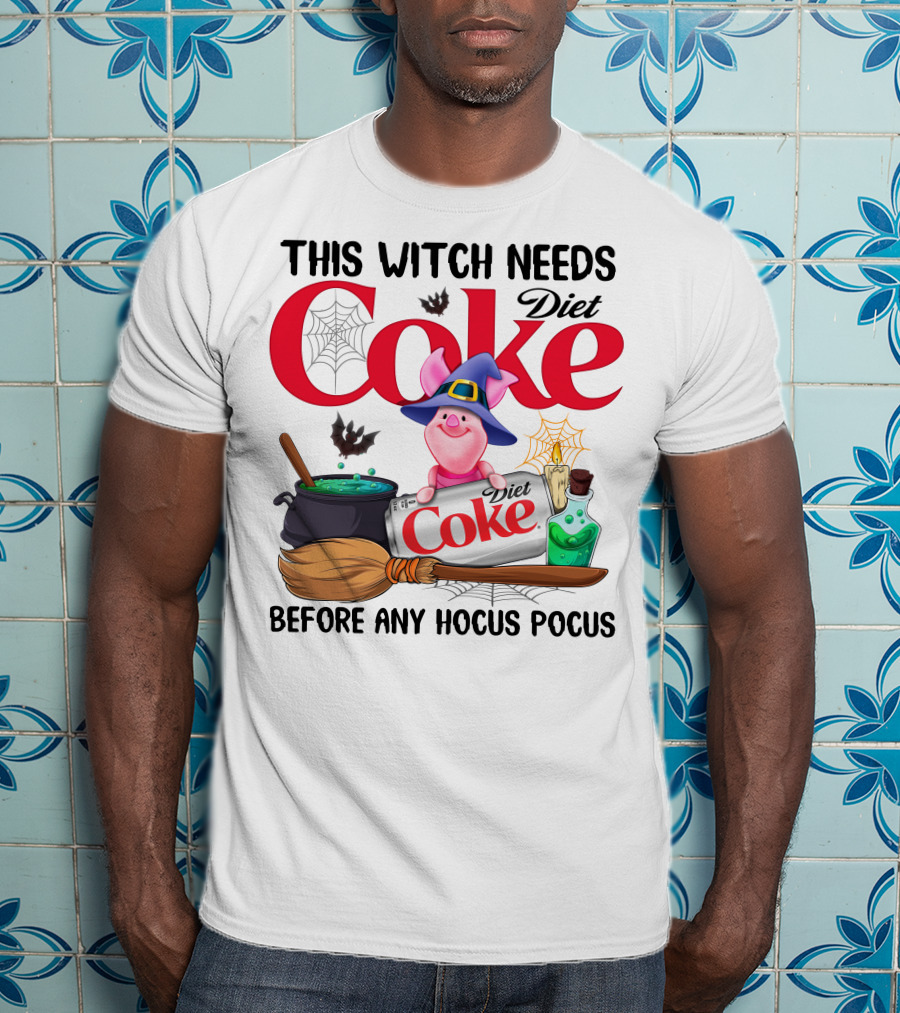 This Witch Needs Diet Coke Before Any Hocus Pocus Piglet Witch Hat Brew Broom_Spiderweb T-Shirt