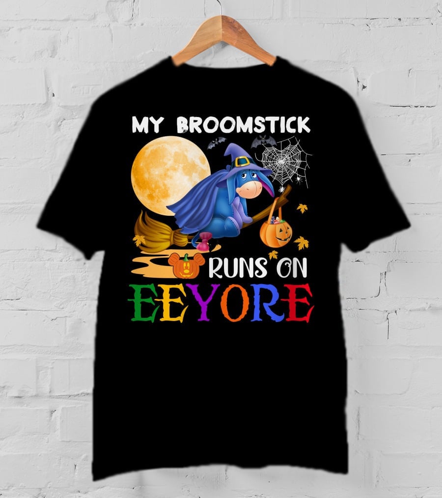 My Broomstick Runs On Eeyore Halloween Moon Bat Pumpkin T-Shirt