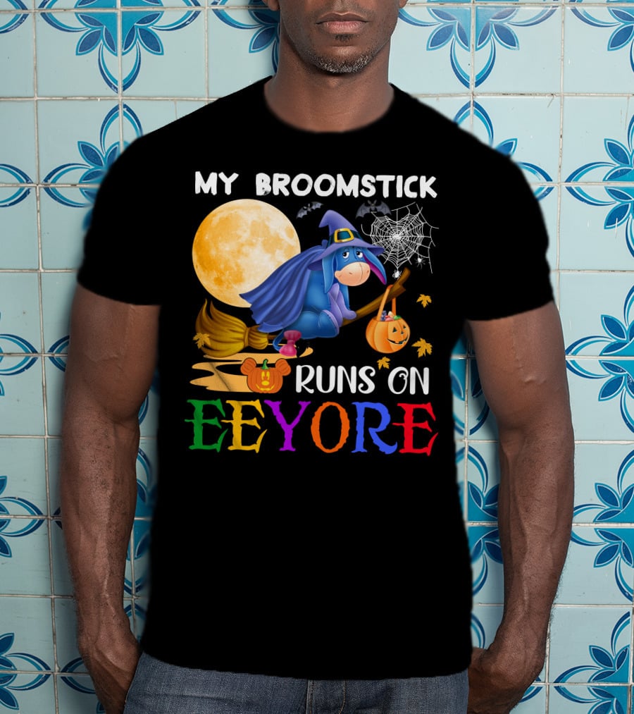 My Broomstick Runs On Eeyore Halloween Moon Bat Pumpkin T-Shirt