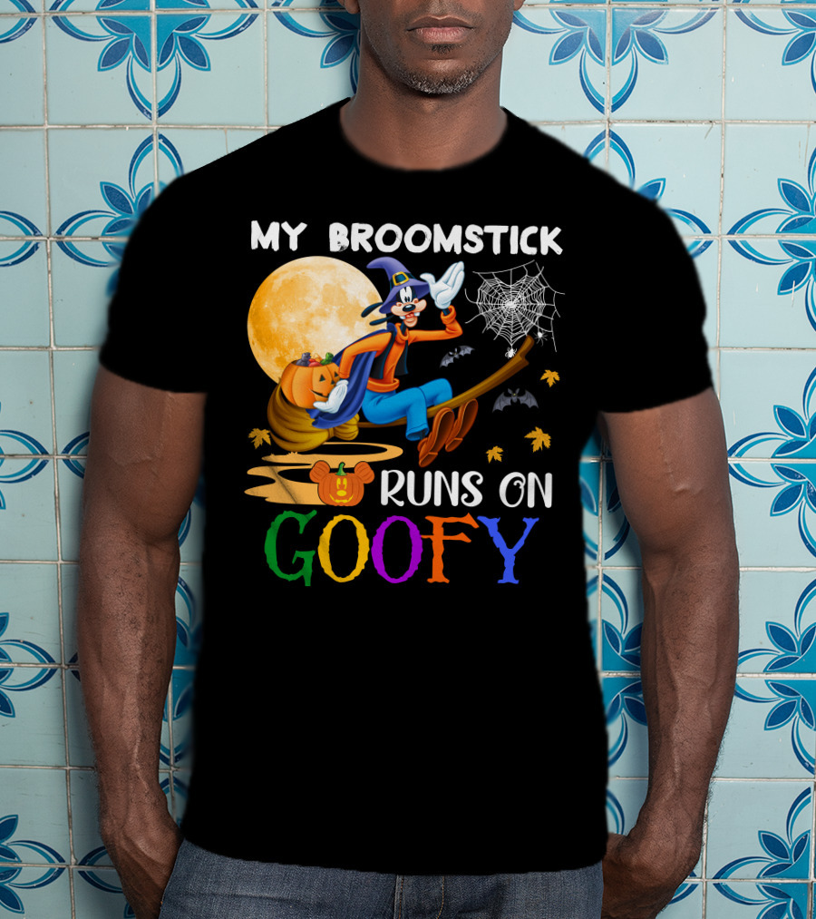 My Broomstick Runs On Goofy Halloween Moon Pumpkin Spiderweb T-Shirt