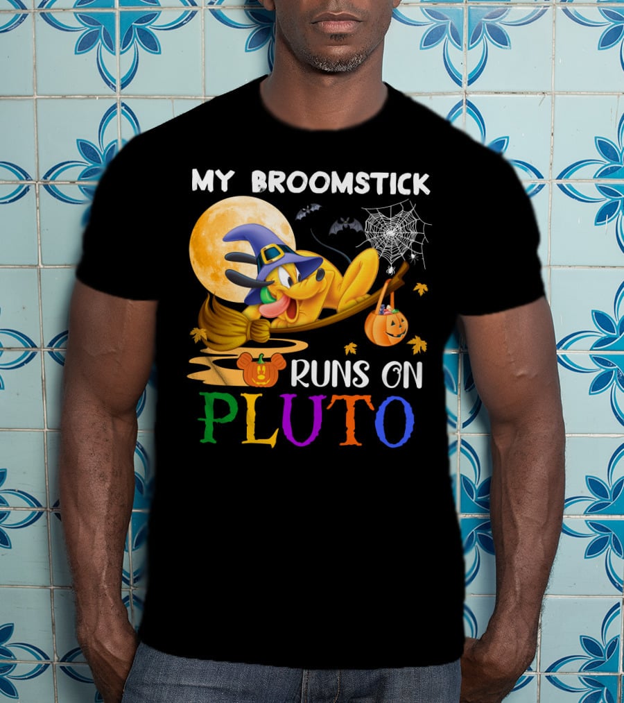 My Broomstick Runs On Pluto Halloween Moon Bats Spider Web Pumpkin T-Shirt