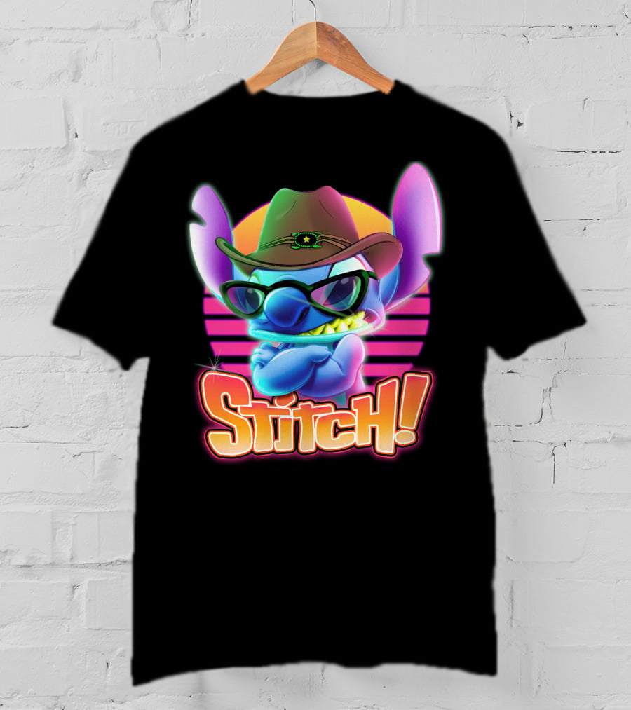 Stitch Neon Cowboy Style With Sunglasses And Retro Sunset T-Shirt