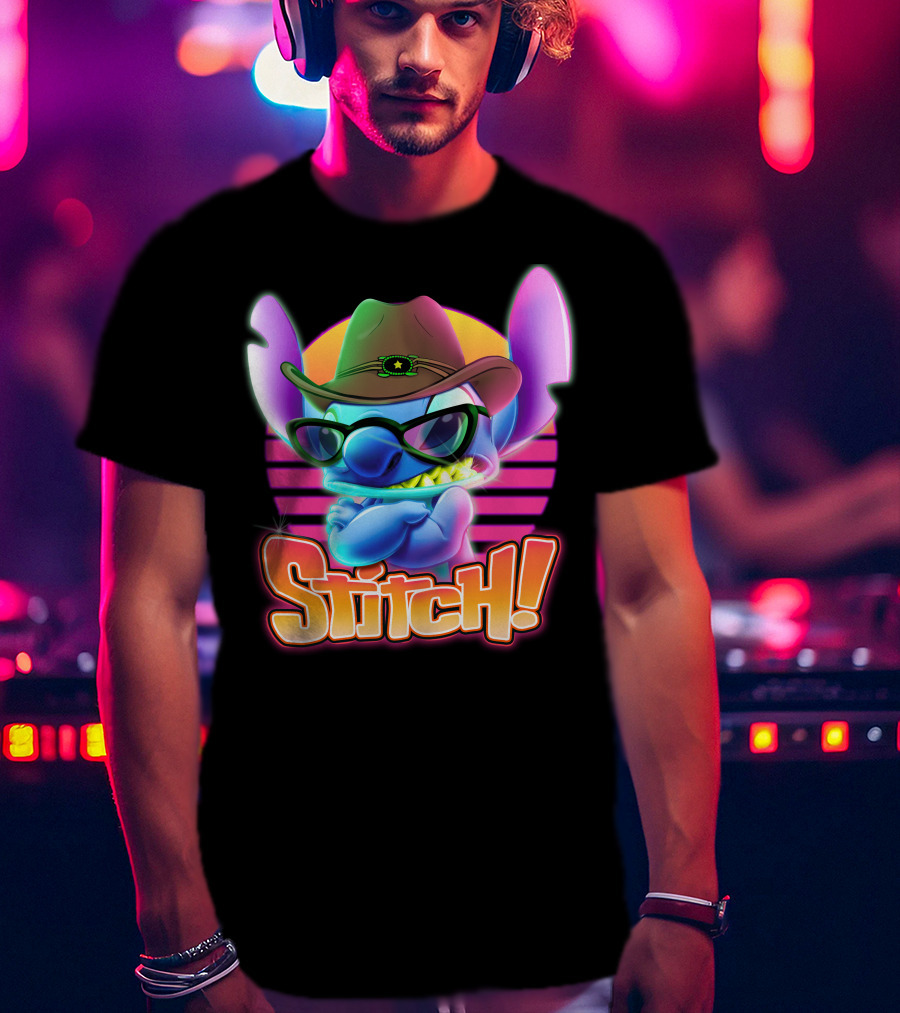 Stitch Neon Cowboy Style With Sunglasses And Retro Sunset T-Shirt