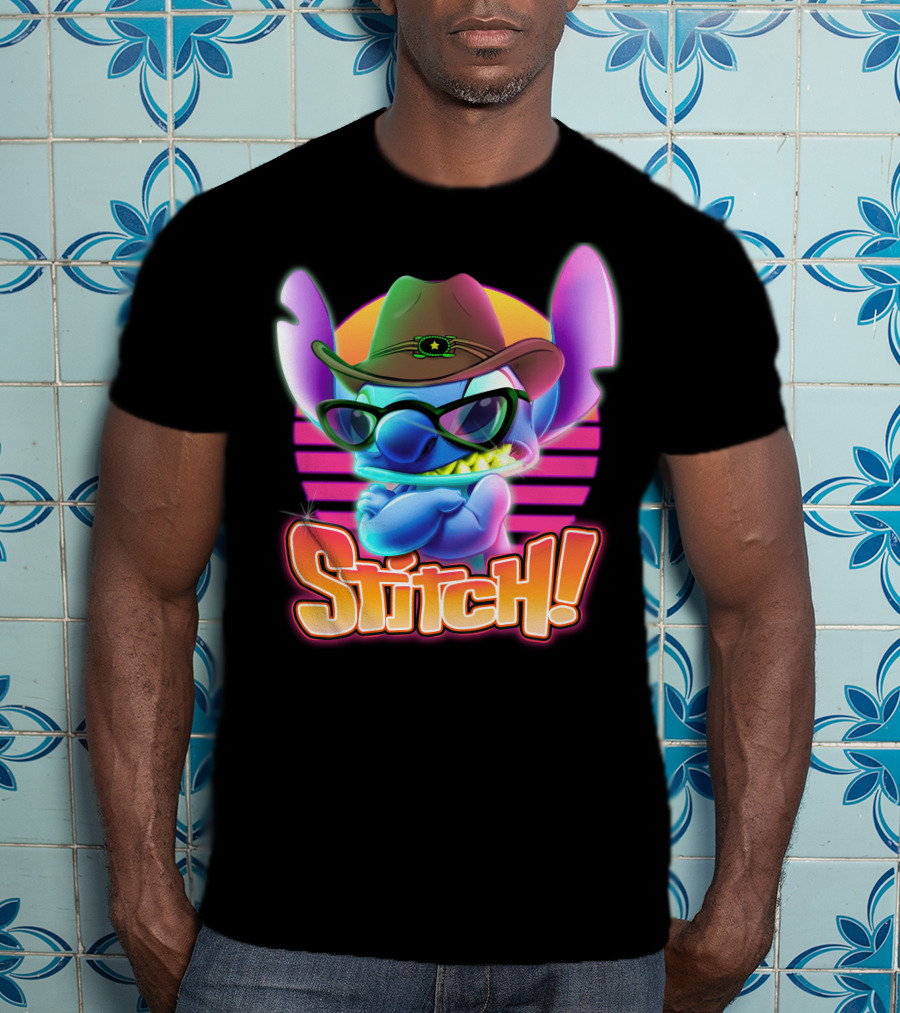 Stitch Neon Cowboy Style With Sunglasses And Retro Sunset T-Shirt