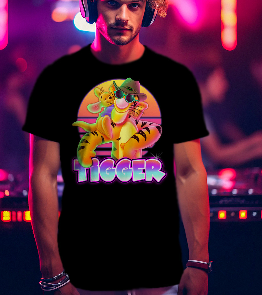 Tigger Retro Sunset Style With Piglet And Cool Hat T-Shirt
